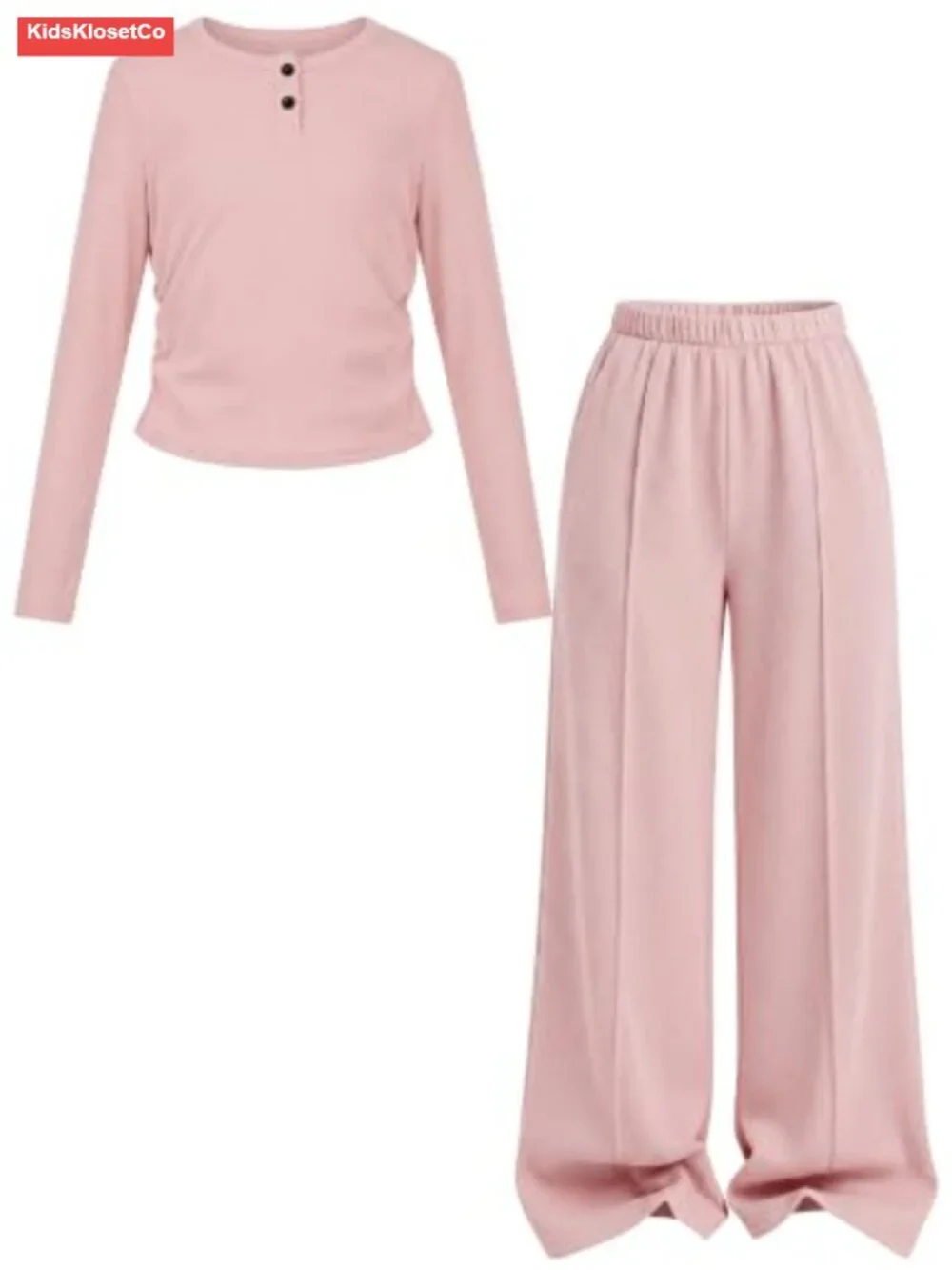 Girls 2 Piece Lounge Set Ribbed Ruched Top Wide Leg Pants